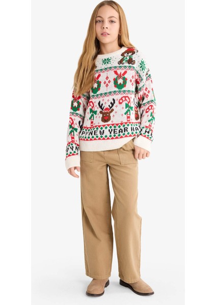 Kız Çocuk Yılbaşı Temalı Oversize Geniş Kalıp Bisiklet Yaka Kazak G0914A825WN fiyatları