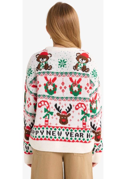 Kız Çocuk Yılbaşı Temalı Oversize Geniş Kalıp Bisiklet Yaka Kazak G0914A825WN indirimleri