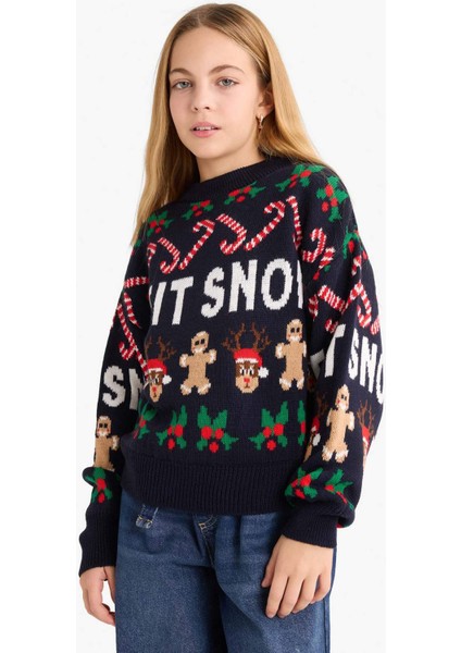 Kız Çocuk Yılbaşı Temalı Bisiklet Yaka Triko Kazak G0913A825WN