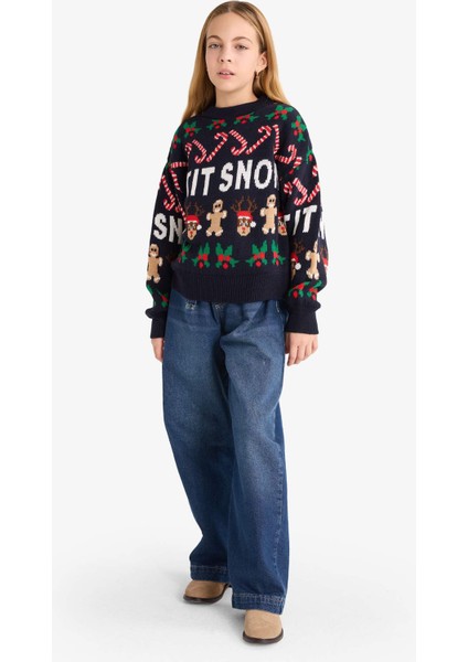 Kız Çocuk Yılbaşı Temalı Bisiklet Yaka Triko Kazak G0913A825WN fiyatları