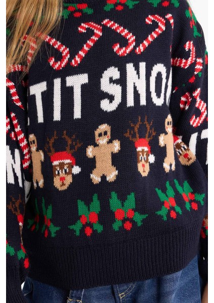 Kız Çocuk Yılbaşı Temalı Bisiklet Yaka Triko Kazak G0913A825WN modelleri