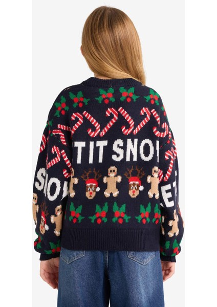 Kız Çocuk Yılbaşı Temalı Bisiklet Yaka Triko Kazak G0913A825WN fırsatları