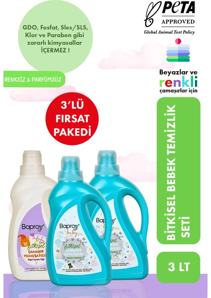 Bebekler Için Bitkisel Çamaşır Deterjanı 2 lt+Bitkisel Çamaşır Yumuşatıcısı Doğal Lavanta Yağlı 1 lt