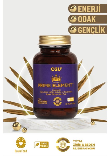 PRIME ELEMENT - Yaşamsal Enerji ve Zihin Performansı için Lipozomal (Nmn + Nadh + Sitikolin +Postbiyotik) 30 Dilaltı