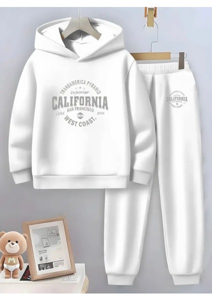 Özel Tasarım Kapüşonlu Californıa West Coast Baskılı %100 Pamuk Kışlık Erkek Çocuk Eşofman Takımı