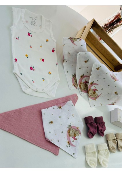 Ftbabycollection Müslin & Bambu Yenidoğan Hediye Seti (Battaniye, Mendil, Önlük, Zıbın, Çorap)