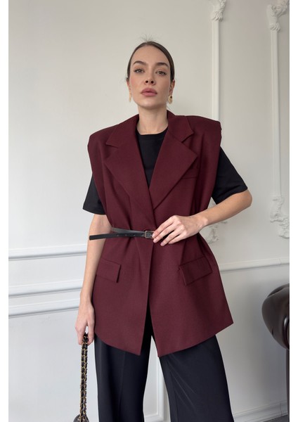 Omuz Vatkalı Kemerli Kumaş Yelek- Bordo