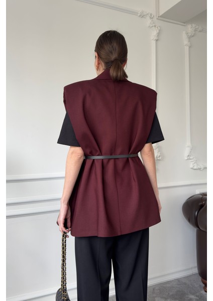 Omuz Vatkalı Kemerli Kumaş Yelek- Bordo