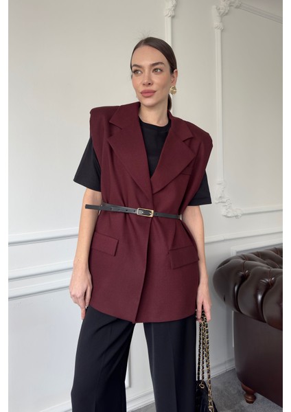 Omuz Vatkalı Kemerli Kumaş Yelek- Bordo