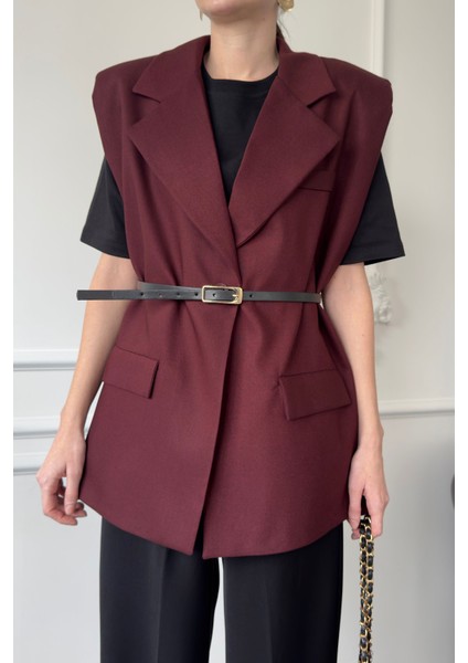 Omuz Vatkalı Kemerli Kumaş Yelek- Bordo
