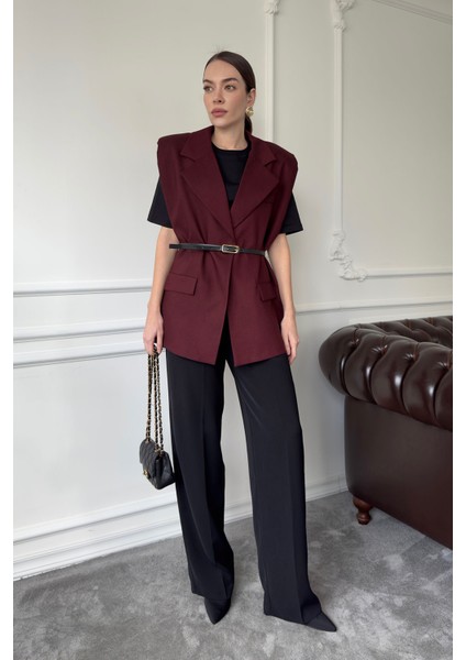 Omuz Vatkalı Kemerli Kumaş Yelek- Bordo