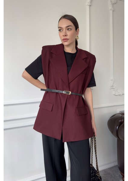 Omuz Vatkalı Kemerli Kumaş Yelek- Bordo