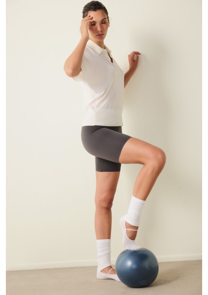 Beyaz Kaydırmaz Taban Bantlı Pilates&Yoga Tozluk Çorap
