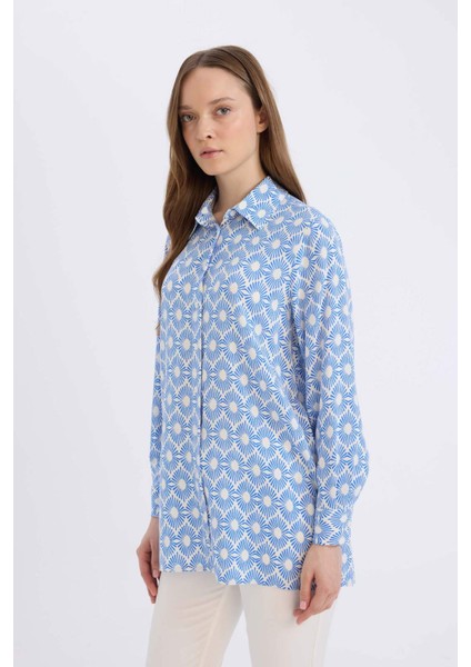 Relax Fit Gömlek Yaka Desenli Viskon Uzun Kollu Tunik D7348AX25SP