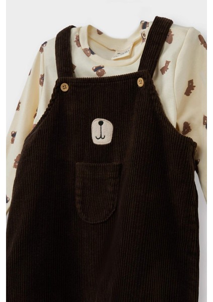 Erkek Bebek 2'li Takım Ayı Baskılı Uzun Kollu Tişört Kadife Salopet Tulum F5727A525WN fiyatları