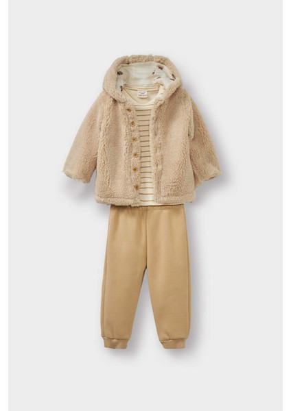 Erkek Bebek 3'lü Takım Pelüş Kapüşonlu Hırka Çizgili Uzun Kollu Tişört Eşofman Altı F5726A525WN