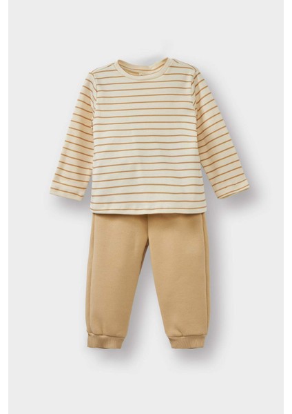 Erkek Bebek 3'lü Takım Pelüş Kapüşonlu Hırka Çizgili Uzun Kollu Tişört Eşofman Altı F5726A525WN fırsatları