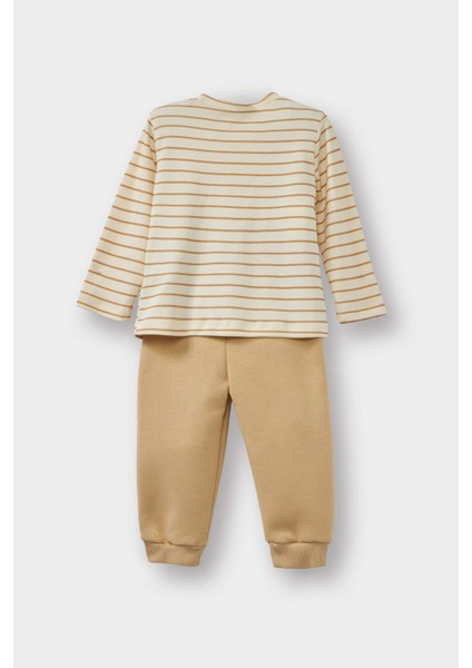 Erkek Bebek 3'lü Takım Pelüş Kapüşonlu Hırka Çizgili Uzun Kollu Tişört Eşofman Altı F5726A525WN indirimleri