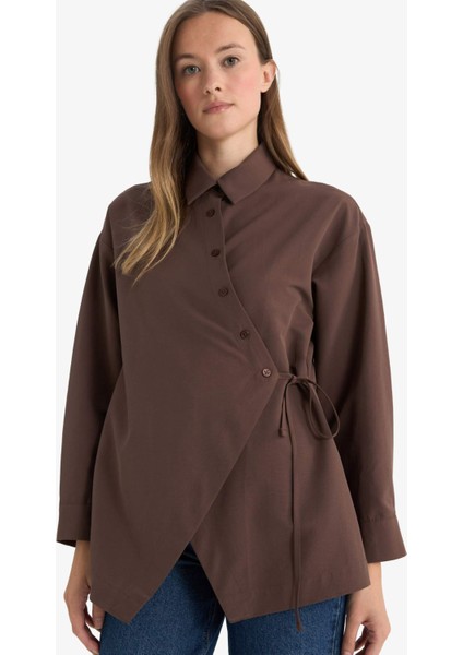 Regular Fit Gömlek Yaka Önden Bağlamalı Poplin Uzun Kollu Gömlek TUNIK F8347AX25AU