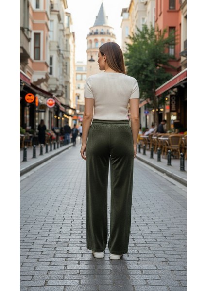 Kadın Fransız Kadife Beli Lastikli Cepli Bol Kesim Eşofman Altı