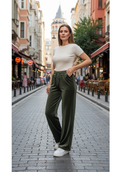 Kadın Fransız Kadife Beli Lastikli Cepli Bol Kesim Eşofman Altı modelleri