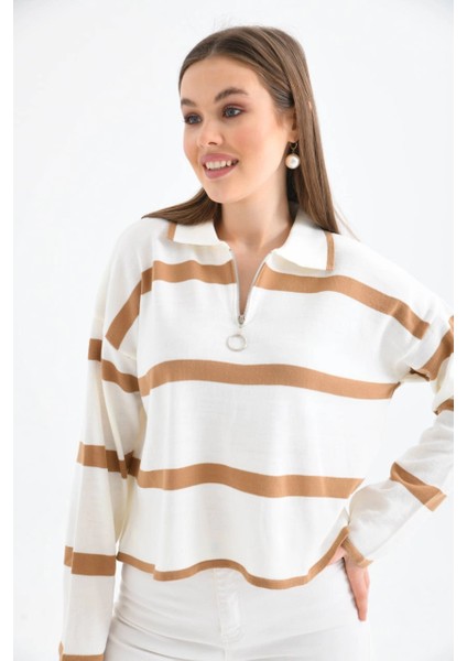 Kadın Kazak Polo Yaka Fermuarlı Kazak Camel - 10118