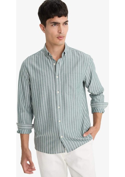 Regular Fit Polo Yaka Dokuma Uzun Kollu Çizgili Gömlek E7840AX25AU