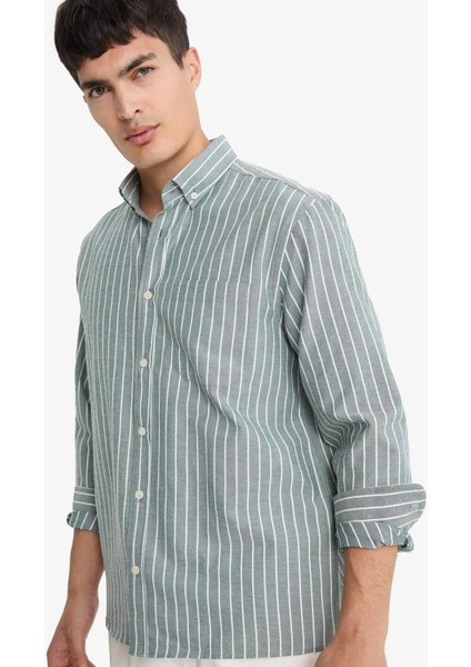 Regular Fit Polo Yaka Dokuma Uzun Kollu Çizgili Gömlek E7840AX25AU fırsatları