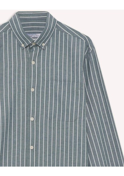 Regular Fit Polo Yaka Dokuma Uzun Kollu Çizgili Gömlek E7840AX25AU