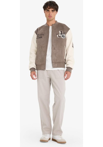 Oversize Geniş Kalıp Kolej Yaka Bomber Nakış Detaylı Çıtçıtlı Süet Mont F4145AX25AU