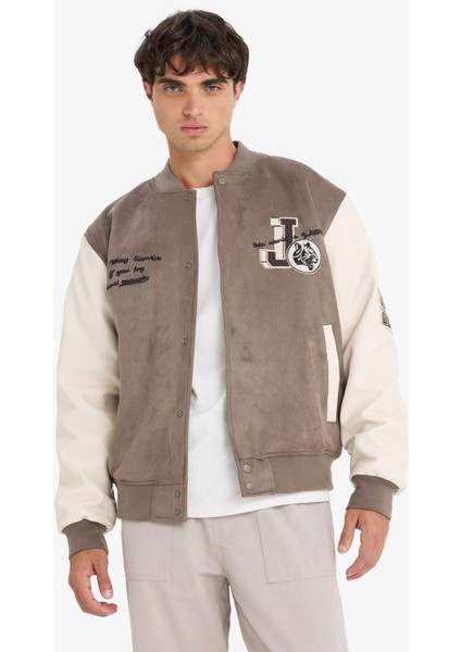 Oversize Geniş Kalıp Kolej Yaka Bomber Nakış Detaylı Çıtçıtlı Süet Mont F4145AX25AU