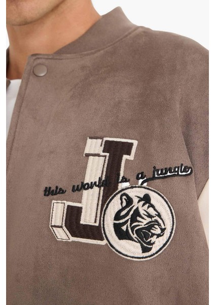 Oversize Geniş Kalıp Kolej Yaka Bomber Nakış Detaylı Çıtçıtlı Süet Mont F4145AX25AU