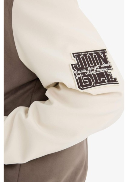 Oversize Geniş Kalıp Kolej Yaka Bomber Nakış Detaylı Çıtçıtlı Süet Mont F4145AX25AU