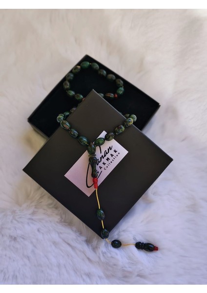 Yeşil Siyah Renk Beyzi Kesim Sıkma Kehribar Tesbih