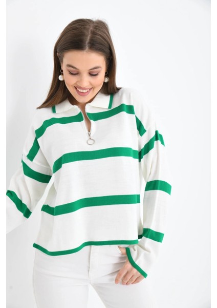 Kadın Kazak Polo Yaka Fermuarlı Kazak B.yeşil - 10118