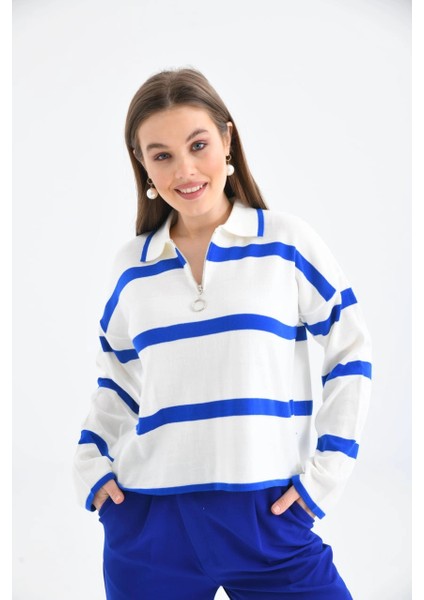 Kadın Kaza Polo Yaka Fermuarlı Kazak Saks - 10118