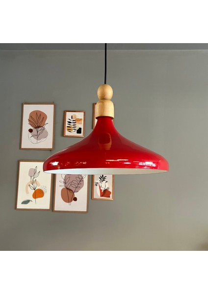 Kırmızı Tekli Avize Kalın Ahşap Boncuk Sarkıt Salon Mutfak Pastane Lamba Aydınlatma Avizeler