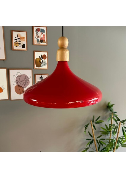 Kırmızı Tekli Avize Kalın Ahşap Boncuk Sarkıt Salon Mutfak Pastane Lamba Aydınlatma Avizeler