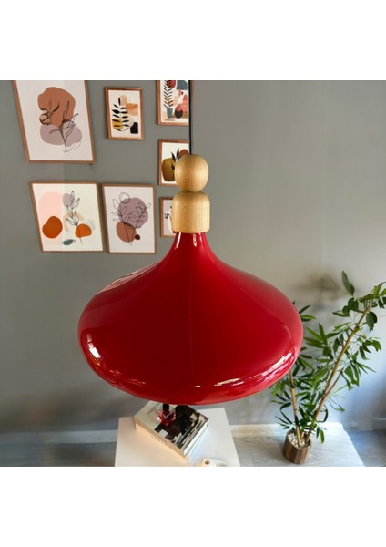 Kırmızı Tekli Avize Kalın Ahşap Boncuk Sarkıt Salon Mutfak Pastane Lamba Aydınlatma Avizeler