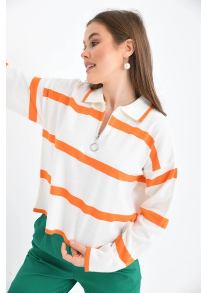 Kadın Kazak Polo Yaka Fermuarlı Kazak Turuncu - 10118