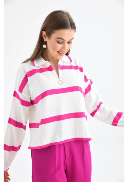 Kadın Kazak Polo Yaka Fermuarlı Kazak Pembe - 10118