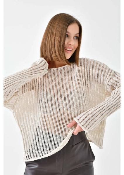 Kadın Body Delikli Uzun Kollu Body Taş - 8190SW