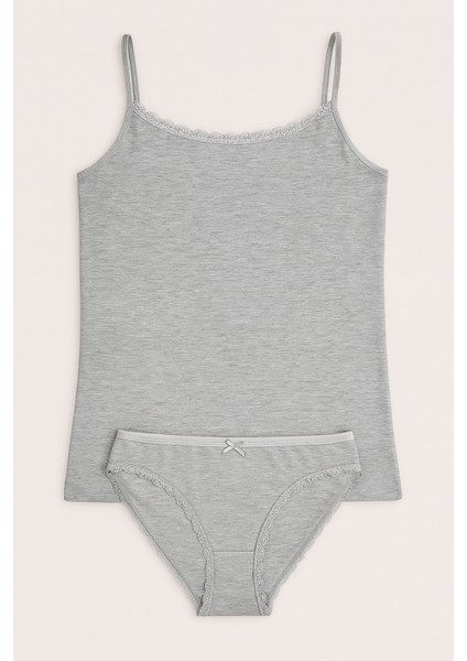 Kadın Koyu Gri Melanj Likralı Pamuklu Ip Askılı Atlet Slip Külot Set W3İ5K1L2EKK