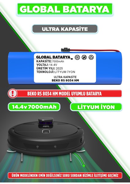 Beko Rs 8034 Hm Uyumlu Akıllı Robot Süpürge Bataryası 14.4V 7000mAh Li-ion Pil (Ultra Kapasite)
