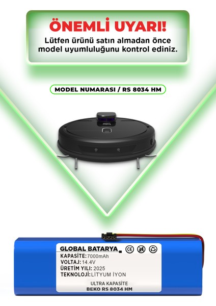 Beko Rs 8034 Hm Uyumlu Akıllı Robot Süpürge Bataryası 14.4V 7000mAh Li-ion Pil (Ultra Kapasite) indirimleri