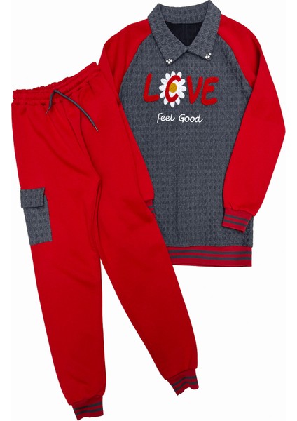 Kız Çocuk Kargo Cepli Gömlek Yakalı ve Yaka Taşlı 3 Iplik Alt Üst Takım 12328