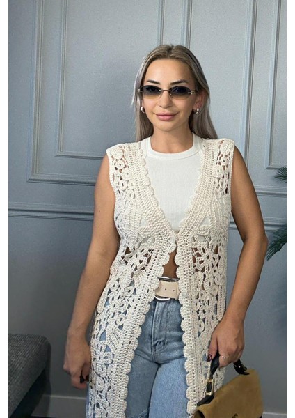 Dantel Detaylı Günlük Kullanım Uzun Bej Kadın Yelek fiyatları
