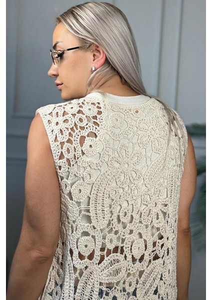 Dantel Detaylı Günlük Kullanım Uzun Bej Kadın Yelek modelleri