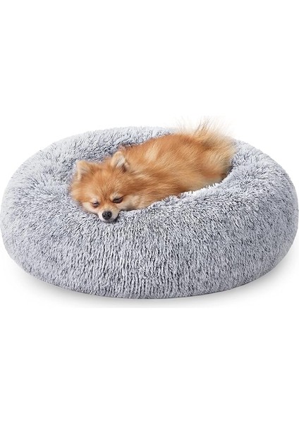 Kabarık Köpek Yatağı, Kedi Yatağı, Çörek Yastığı, Yıkanabilir, Çıkarılabilir Orta Dolgulu, Uzun Peluş, 60 cm Çap, Ombre Gri PGW038G01