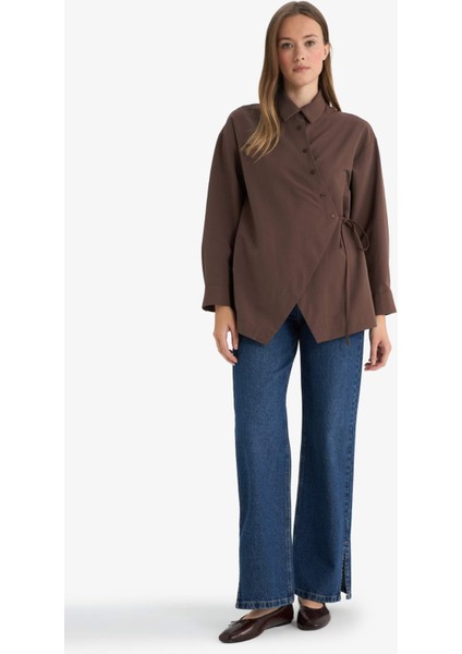 Regular Fit Gömlek Yaka Önden Bağlamalı Poplin Uzun Kollu Gömlek Tunik F8347AX25AU fiyatları